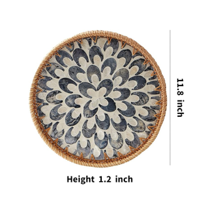 2024 nuevo diseño rústico redondo bandeja de madera para servir patrón de nácar con ratán y nácar para comida y desayuno - Product Image 2