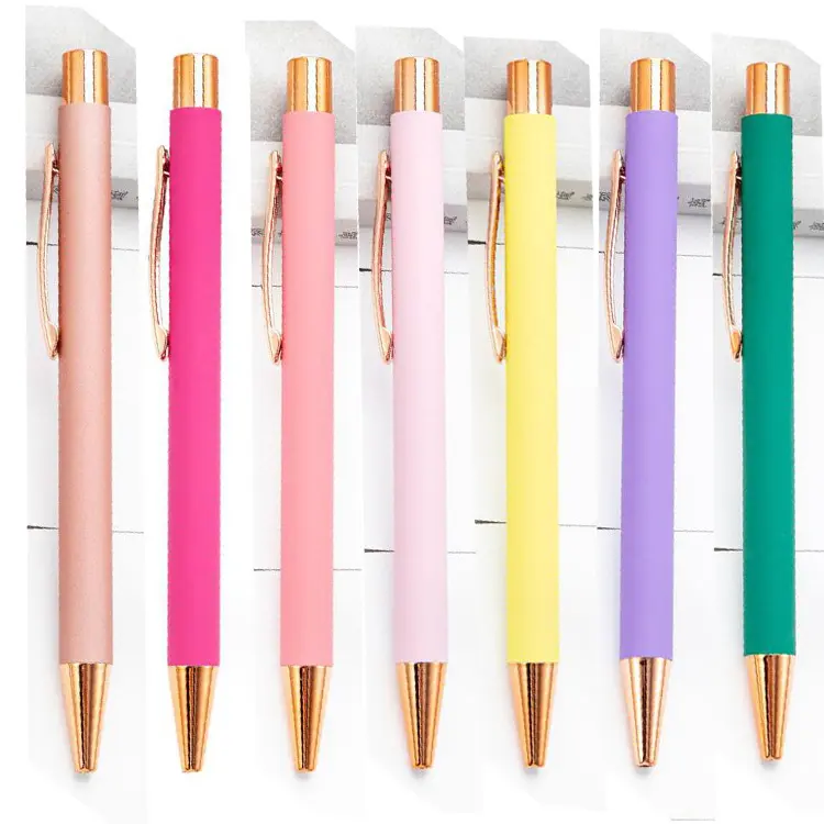 NM-085 Wholesale Metal Retractable Rubber coated soft touch Aluminium ballpoint Pen with Rose Gold Trims Customized logo