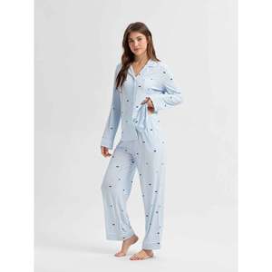 Conjunto de Pijama Clásico de Manga Larga para Mujer, Rayado, Tejido de Bambú y Spandex, Suave, Talla XS, Logotipo Personalizado, Cierre con Cordón, para Primavera - Product Image 3