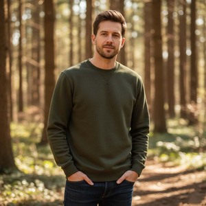 Sweat-shirt d'hiver à col rond en molleton français de haute qualité, texture bouclée, dégradé de brun sable olive, uni, sans capuche, 100% coton - Product Image 1