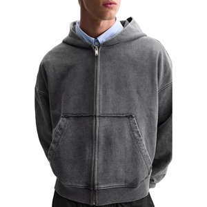 Sweat-shirts à capuche pour homme personnalisés de qualité supérieure, délavés à l'acide, à épaules tombantes, nouvelle mode streetwear, thermique, 100% coton, décontractés, à fermeture éclair - Product Image 5