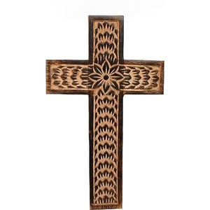 Croix en bois blanchi à la chaux de haute qualité avec Design Floral sculpté à la main pour la décoration murale Style Vintage Art religieux à la maison - Product Image 2