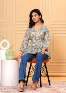 Haut tunique en pur coton pour femme à manches longues imprimé à la mode tissé avec une taille naturelle respirante et lavable - Product Image 6