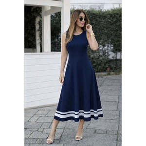Women's Strappy Round Neck Long Viscose Dress with <b>Ribbon</b> Hem Detail, 34716 - <b>Navy</b> blue - Product Image 2