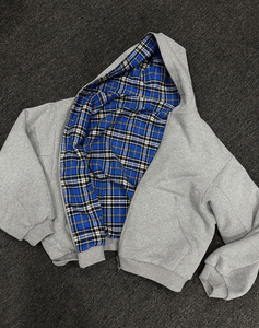 Veste à double fermeture éclair personnalisée, épaules tombantes, motif à carreaux, coupe ample, sweat à capuche double face pour homme, manches longues, coupe ample - Product Image 2