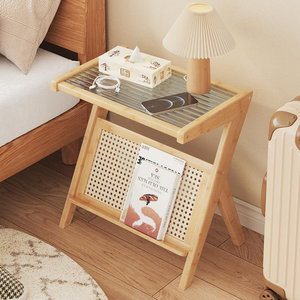 Mesita de noche moderna de bambú para sala de estar con acento de rejilla de ratán - Product Image 2