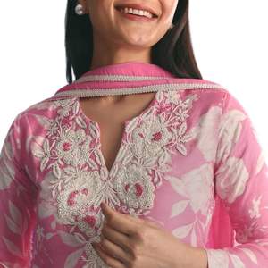 Pink Muslin Floral Print <b>Kurta</b> Sharara Suit with Cut Dana and Moti Work for <b>Women</b> Traditional Festive Party Outfit - Product Image 4