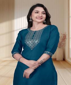 Kurta en coton Aarvi à broderies, aspect riche, pour usage quotidien, prix de gros, en stock, séchage rapide, vêtement ethnique, vert sarcelle - Product Image 2