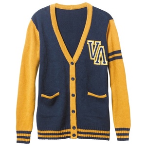 Cardigan tricoté en acrylique bleu marine et or pour femmes pulls à col en V avec broderie et décoration de boutons pour l'hiver - Product Image 1