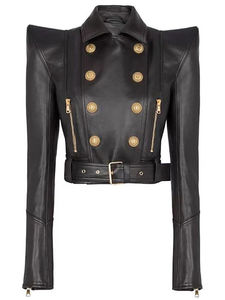 2025 primavera nuevo diseño de alta calidad Goth Artificial PU cuero motocicleta chaqueta abrigo con botón de Metal prendas de vestir cortas para mujer - Product Image 3