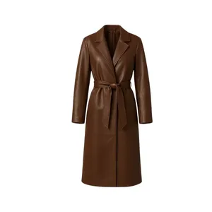 <b>Brown</b> Long Leather Coat with Belted Waist <b>Tie</b> - Product Image 1