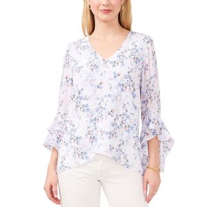 วินซ์ คามูโตเสื้อสตรีทรงหลวม 3/4 แขนเสื้อคอวีลายดอกไม้เสื้อชีฟองพิมพ์ลายเสือดาวสไตล์เกาหลี XS XL สีขาว - Product Image 1