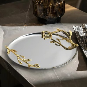 Plateau de service rond en acier inoxydable de qualité supérieure avec poignées dorées, plateau de service poli de style Art déco pour les célébrations de Diwali - Product Image 4