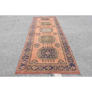 Alfombra de lana turca naranja y negra Vintage, diseño de retales de tejido plano de 4,5x11,8 pies para decoración para sala de estar, respaldo de látex de 4m de ancho - Product Image 1