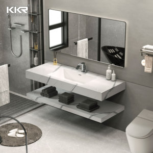 Lavabo in Marmo Lucidato Commerciale con 2 Rubinetti, Lavandino a Vasca Sospeso per Bagno con Doppio Lavabo - Product Image 2