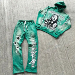 Logo personnalisé 100% coton Vintage Distressed Sweatpants Hoodie Set Acid Wash Print Men's Tracksuits Zip for Winter Silk Screen - Product Image 6