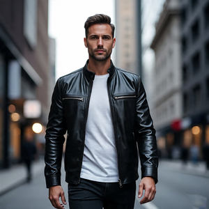 Vestes en cuir véritable à fermeture éclair complète pour hommes | Vestes en cuir de mouton/peau de vache à la mode coupe-vent pour hommes - Product Image 1