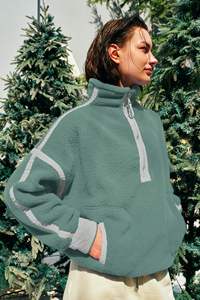 Sudadera con capucha de forro polar para mujer, manga larga, informal, con ribete en contraste, holgada, ecológica, con cierre frontal - Product Image 5