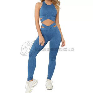Taille moyenne 2 pièces Yoga ensemble femmes Logo personnalisé bretelles entrecroisées séchage rapide léger croix Legging soutien-gorge motif solide grande taille - Product Image 3