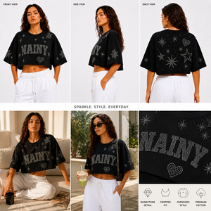 Loose Fit Oversized Crop <b>Top</b> Women <b>Rhinestone</b> Embroidery Cotton Cropped T Shirt Casual Streetwear Summer <b>Top</b> - Product Image 5