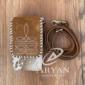 Boot Stitch Suede Leather Phone Pouch Bag Western Genuine Leather Credit Card Holder Phone Carrier Women Crossbody Mobile Bags - Product Image 1