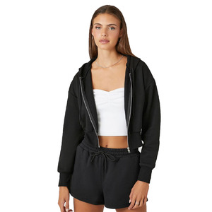 2023 Best Selling Basic <b>Fleece</b> Zip-Up Hoodie for Women <b>Black</b> Plain Cropped Design Hooded Collar for Winter Season - Product Image 1
