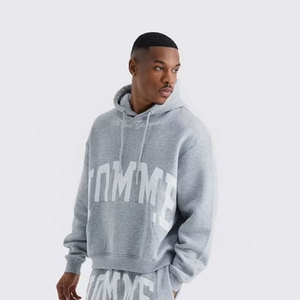 Men's Gray Hooded Sweatshirt Full Sleeve Cotton Casual Drawstring Front Logo Print Autumn Wear - Product Image 4