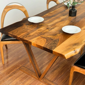 Modern Rectangular Solid Suar Wood Dining Table with Natural <b>Slab</b> Top & Crossed <b>Wooden</b> Base for Hotel & Villa Use - Product Image 6