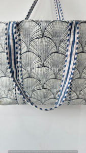 Sac fourre-tout en coton matelassé fait à la main sac d'épicerie écologique pour femmes conception d'impression de coquille durable solide fermeture ouverte - Product Image 4