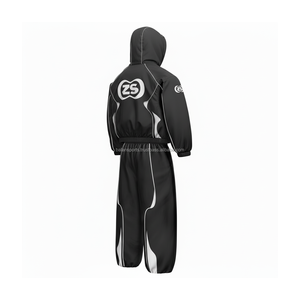 Premium 180 GSM poliéster cortavientos conjunto negro con paneles blancos Transferencia de Calor logotipo personalizado chaqueta recortada y pantalones de talla grande - Product Image 4