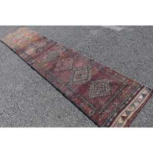 พรมวินเทจตุรกี ขนาด 2.4x11.4 ฟุต พรมเฮอร์กี สีน้ำตาลแดงลายตารางหมากรุก ทำจากขนสัตว์ - Product Image 4