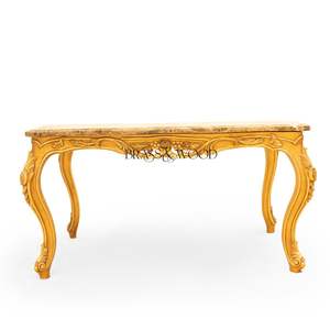 Mesa de Centro Rectangular de Lujo con Tapa de Mármol Veteado Marrón Miel y Marco de Hoja de Oro Tallado a Mano para Sala de Estar Clásica - Product Image 2