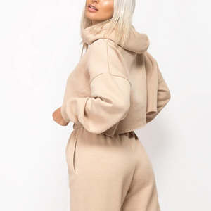 Ensemble Crop Top et Pantalon de survêtement pour femme personnalisé avec logo OEM, tenue deux pièces en coton épais, style streetwear, ensemble de détente, vente en gros - Product Image 5