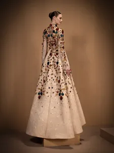 Champagne Couture Luxe Sirène Silhouette Robe De Soirée Multicolore Perles Jupe Haut-Bas Longueur Au Sol Silhouette Naturelle - Product Image 3