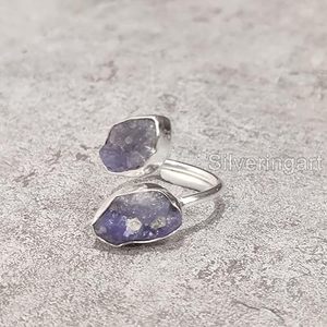 Rough Women's <b>Ring</b> Natural Tanzanite December Birthstone Double Stone <b>Adjustable</b> <b>Ring</b> Handmade Jewelry 925 Sterling Silver <b>Ring</b> - Product Image 2