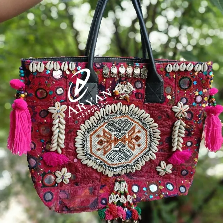 Indian Handmade Traditional Embroidered Handbag Women Vintage Banjara Tassel Shopping Bag Stylish Boho Hippie Seashell Tote Bag