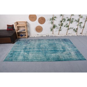 Tapis en laine turque moderne vintage de 5x8,4 pieds Rectangle classique de grande surface avec motif patchwork bleu Style de couloir en latex - Product Image 1