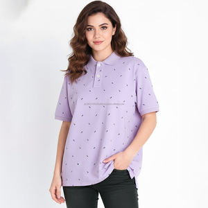 Fit2Fight White Blue Color Striped Print <b>Button</b> <b>Up</b> Crew Neck Casual Fashion Knitted Polo <b>Shirt</b> For <b>Women</b> - Product Image 1