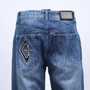 กางเกงยีนส์ขาบานสำหรับผู้ชายกางเกงผ้าฝ้ายสีซีดสไตล์วินเทจสีฟ้าดำซักได้โลโก้ออกแบบได้ตามต้องการ - Product Image 5