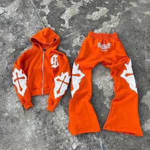 Alta calidad 100% algodón lavado ácido Mans traje personalizado Streetwear bordado desgastado hombres pulóver Sudadera con capucha y pantalones de chándal conjunto - Product Image 1