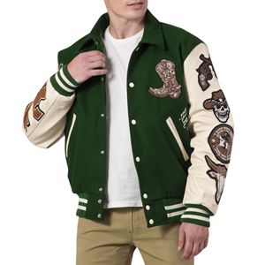 Veste universitaire western unisexe, corps en laine, manches en cuir, col rond, patchs de cowboy, broderie patchwork, écologique, vintage, rodeo - Product Image 4