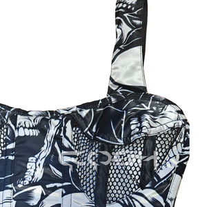 Corsé de satén con estampado de calavera, paneles de malla y corte lateral en la cadera con tirantes. |   Top Bustier Estilo Gótico Urbano - Product Image 4