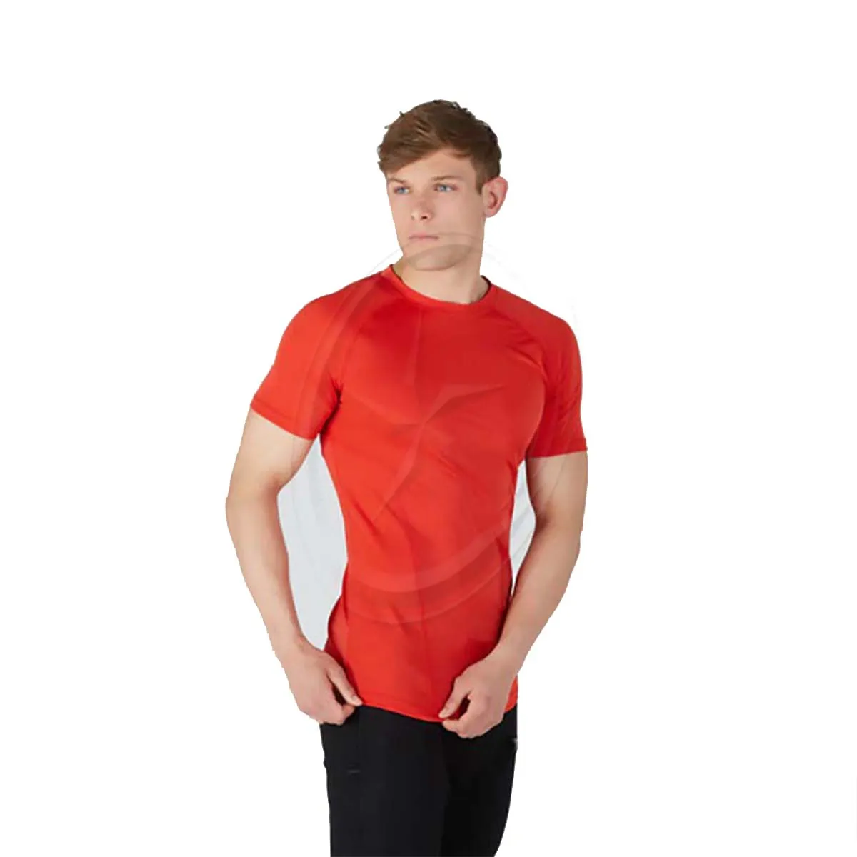 Kaus olahraga kebugaran pria, baju senam lengan pendek elastis atasan olahraga kebugaran cepat kering