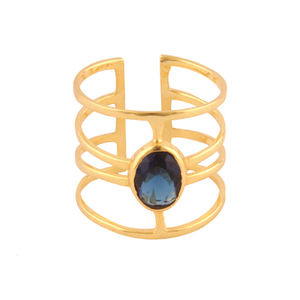 Bague ovale de londres en quartz bleu, bijou de déclaration en laiton plaqué or à quatre couches, anneau ouvert réglable pour femme - Product Image 1