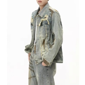 แจ็คเก็ตยีนส์ขาดๆ แบบแพทช์เวิร์ค ทรงโอเวอร์ไซส์ สไตล์วินเทจ สำหรับผู้ชาย แฟชั่นลำลอง สตรีทแวร์ เสื้อคลุม กันสีซีด ปรับแต่งสีได้ - Product Image 2