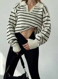 Autumn Winter <b>Women's</b> Casual Sweaters Striped Notched Drop Shoulder Long Sleeve Turn-Down Collar Custom <b>Brown</b> Knit Pullovers - Product Image 2