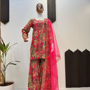 Heavy Embroidery Sequence Work Women Set Chinon <b>Silk</b> Heavy Sequence Embroidery & Print Top and Sharara With Fancy Design Dupatta - Product Image 1