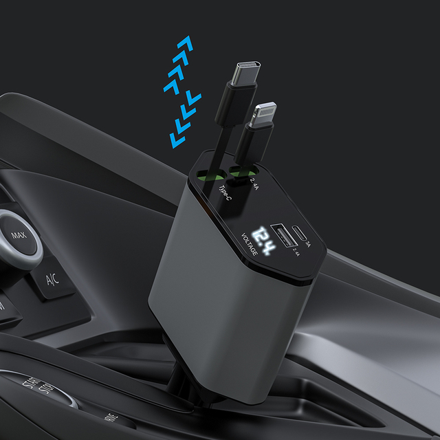 Wholesale Custom 4-in-1 Multi-charging Port Car Fast Charger Retractable Charging Cable PD 3.0 100W Mobile Car Charger