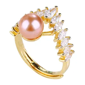 Gold plated freshwater pearl adjustable rings dropshipping jewelry women high quality zirconia engagement rings china