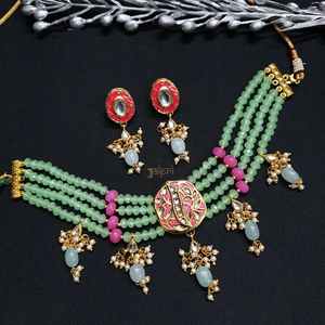 Mint Green Kundan Meenakari Choker <b>Set</b> with Gold Plated Earrings Fine Ladies' <b>Bridal</b> <b>Jewelry</b> for Gifts - Product Image 3